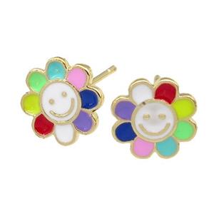 copper emoji Stud Earring with multicolor enamel, smileface, gold plated, approx 10mm