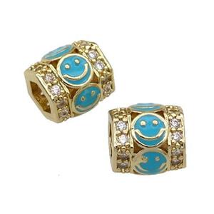 copper Tube beads paved zircon with teal enamel smileface, gold plated, approx 9.5mm, 4mm hole
