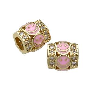 copper Tube beads paved zircon with pink enamel smileface, gold plated, approx 9.5mm, 4mm hole