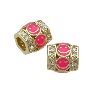 copper Tube beads paved zircon with hotpink enamel smileface, gold plated, approx 9.5mm, 4mm hole