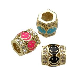 copper Tube beads paved zircon with enamel smileface, large hole, gold plated, mix, approx 9.5mm, 4mm hole