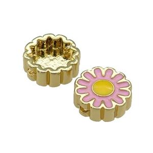 copper Sunflower beads with pink enamel, gold plated, approx 11mm dia