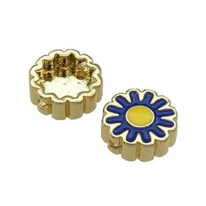 copper Sunflower beads with blue enamel, gold plated, approx 11mm dia
