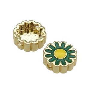 copper Sunflower beads with green enamel, gold plated, approx 11mm dia