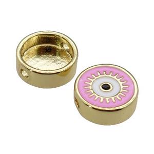 copper circle Eye beads with pink enamel, gold plated, approx 11mm dia