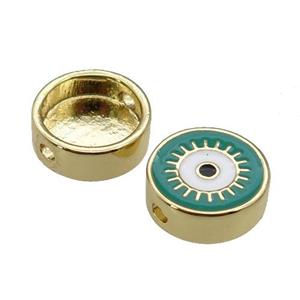 copper circle Eye beads with green enamel, gold plated, approx 11mm dia