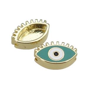 copper Evil Eye beads with green enamel, gold plated, approx 9-14mm