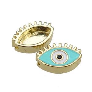 copper Evil Eye beads with lt.green enamel, gold plated, approx 9-14mm