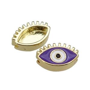 copper Evil Eye beads with purple enamel, gold plated, approx 9-14mm