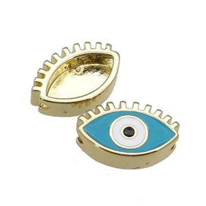 copper Evil Eye beads with teal enamel, gold plated, approx 9-14mm