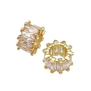 copper rondelle beads paved zircon, large hole, gold plated, approx 10mm dia, 5.5mm hole