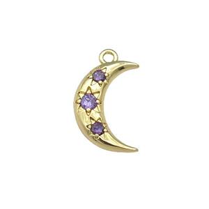 copper Moon pendant paved purple zircon, gold plated, approx 10-15mm