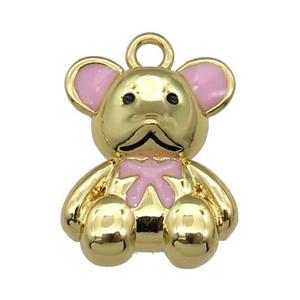 copper Bear pendant with pink enamel, gold plated, approx 12-15mm