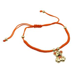 orange nylon bracelet with copper bear, adjustable, approx 12-15mm, 24cm length