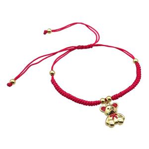 red nylon bracelet with copper bear, adjustable, approx 12-15mm, 24cm length