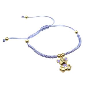 lavender nylon bracelet with copper bear, adjustable, approx 12-15mm, 24cm length