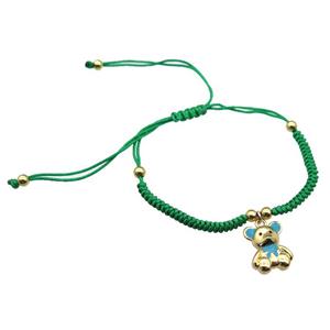 green nylon bracelet with copper bear, adjustable, approx 12-15mm, 24cm length
