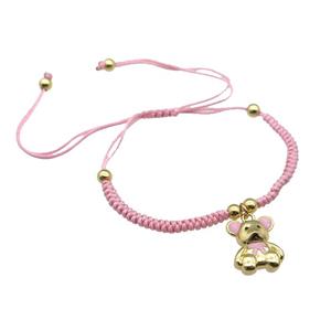 pink nylon bracelet with copper bear, adjustable, approx 12-15mm, 24cm length