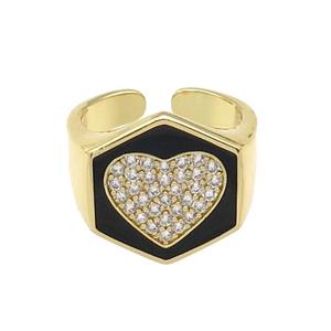 copper Heart Ring paved zircon with black enamel, gold plated, approx 18mm, 18mm dia