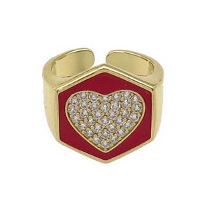 copper Heart Ring paved zircon with red enamel, gold plated, approx 18mm, 18mm dia