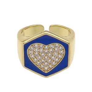 copper Heart Ring paved zircon with blue enamel, gold plated, approx 18mm, 18mm dia