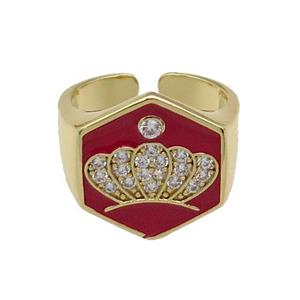 copper Crown Rings paved zircon with red enamel, gold plated, approx 18mm, 18mm dia