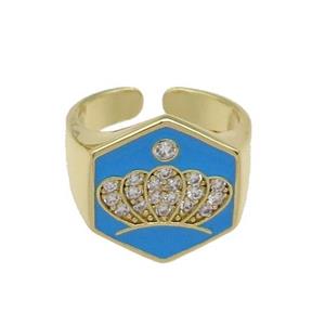 copper Crown Rings paved zircon with blue enamel, gold plated, approx 18mm, 18mm dia