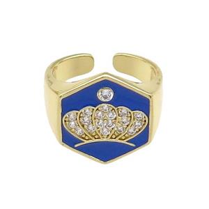 copper Crown Rings paved zircon with blue enamel, gold plated, approx 18mm, 18mm dia