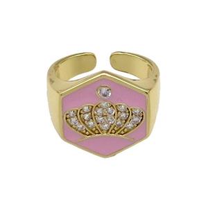 copper Crown Rings paved zircon with pink enamel, gold plated, approx 18mm, 18mm dia