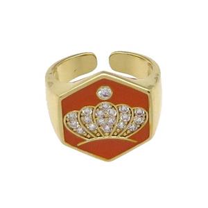 copper Crown Rings paved zircon with orange enamel, gold plated, approx 18mm, 18mm dia