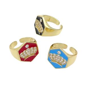 copper Crown Rings paved zircon with enamel, gold plated, mixed, approx 18mm, 18mm dia