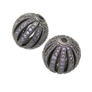 copper pumkin beads pave purple zircon, black plated, approx 16mm dia