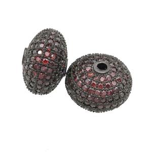 copper rondelle beads pave red zircon, black plated, approx 7x12mm