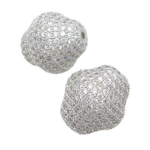 copper bicone Beads pave zircon, platinum plated, approx 16-17mm