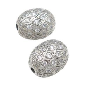 copper barrel Beads paved zircon, platinum plated, approx 15-19mm