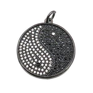 copper Taichi charm pendant pave zircon, yinyang, black plated, approx 24mm dia