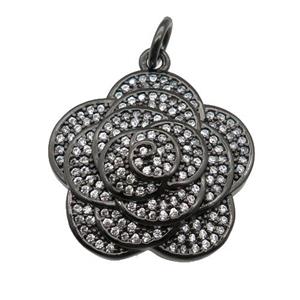 copper Flower pendant pave zircon, black plated, approx 22mm