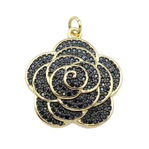 copper Flower pendant pave black zircon, gold plated, approx 22mm