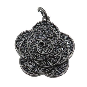 copper Flower pendant pave zircon, black plated, approx 22mm