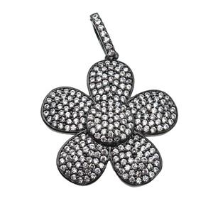 copper Flower pendant pave zircon, black plated, approx 25mm