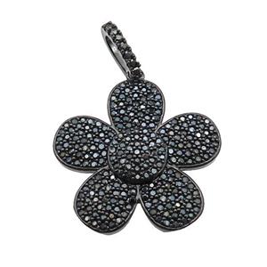 copper Flower pendant pave zircon, black plated, approx 25mm