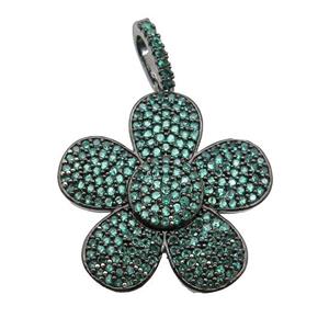 copper Flower pendant pave green zircon, black plated, approx 25mm