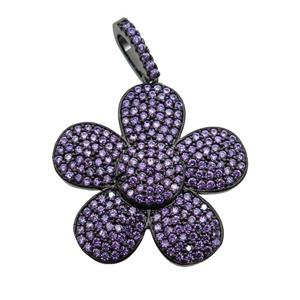 copper Flower pendant pave purple zircon, black plated, approx 25mm