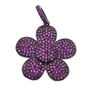 copper Flower pendant pave hotpink zircon, black plated, approx 25mm