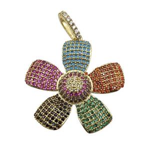 copper Flower pendant pave zircon, multicolor, gold plated, approx 28mm