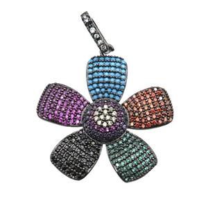 copper Flower pendant pave zircon, multicolor, black plated, approx 28mm