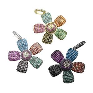 copper Flower pendant pave zircon, multicolor, mixed, approx 28mm
