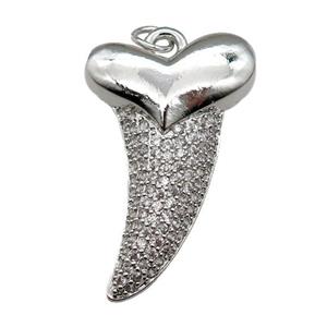 copper sharktooth charm pendant pave zircon, platinum plated, approx 22-38mm