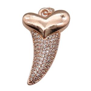 copper sharktooth charm pendant pave zircon, rose gold, approx 22-38mm