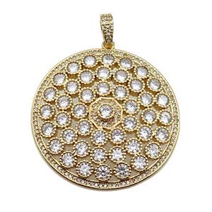 copper circle pendant pave zircon, gold plated, approx 40mm dia